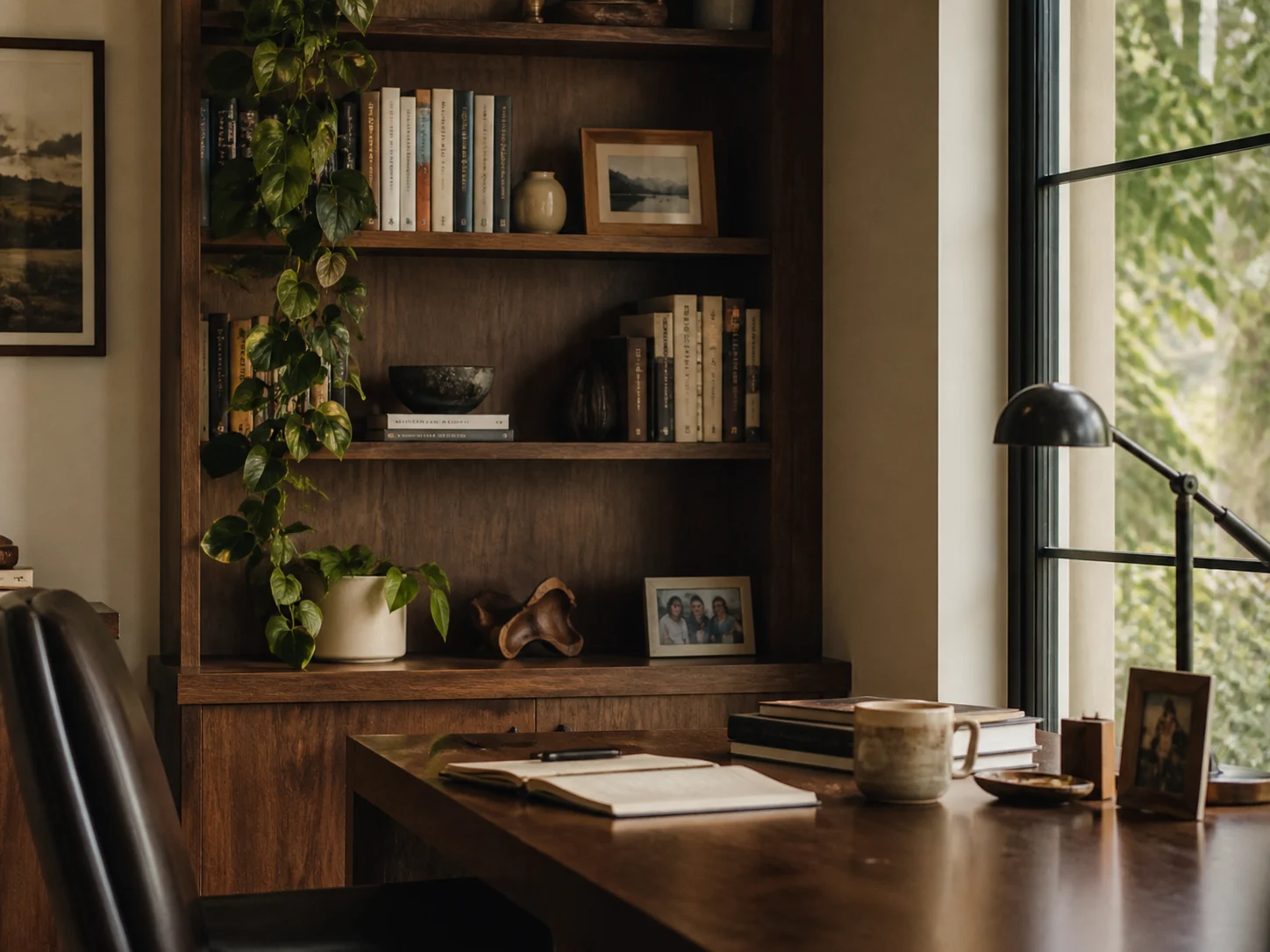 A warm workspace with books, plants, and an open notebook